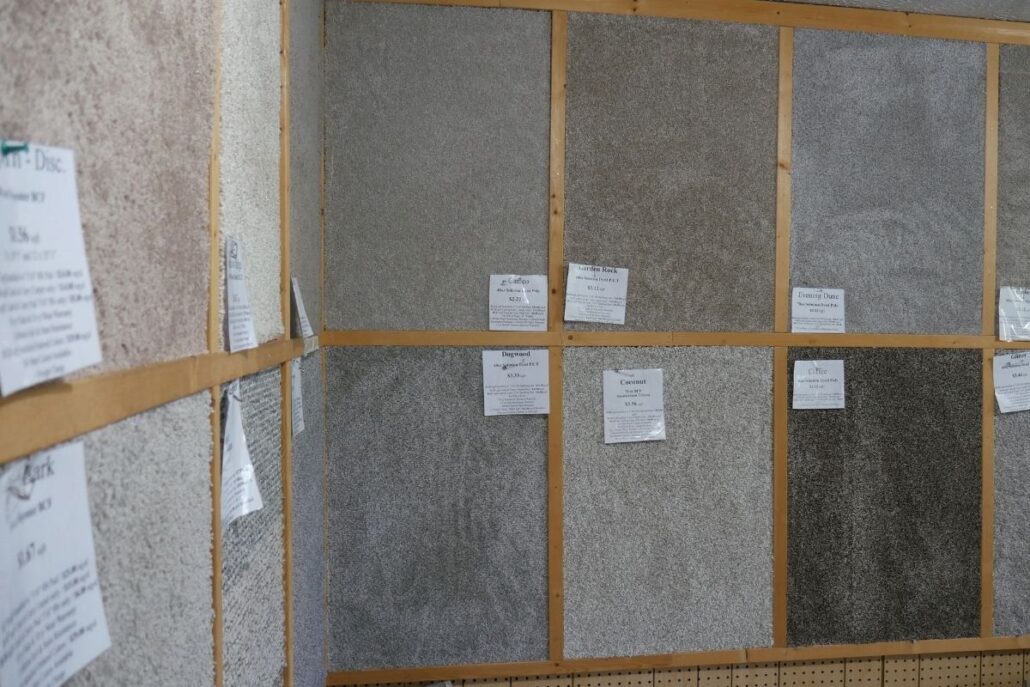 A photo of the in-stock carpet wall at the Carpet Barn in New Cumberland