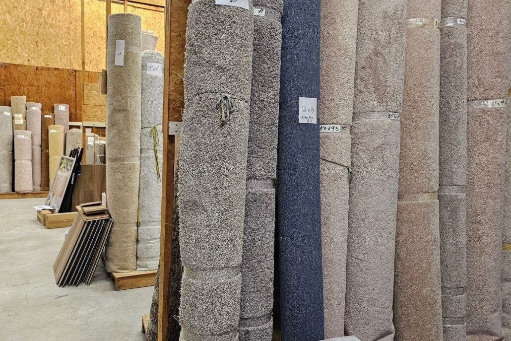 A photo of Carpet Barns in-house selection of carpet remnants in their warehouse in New Cumberland, PA