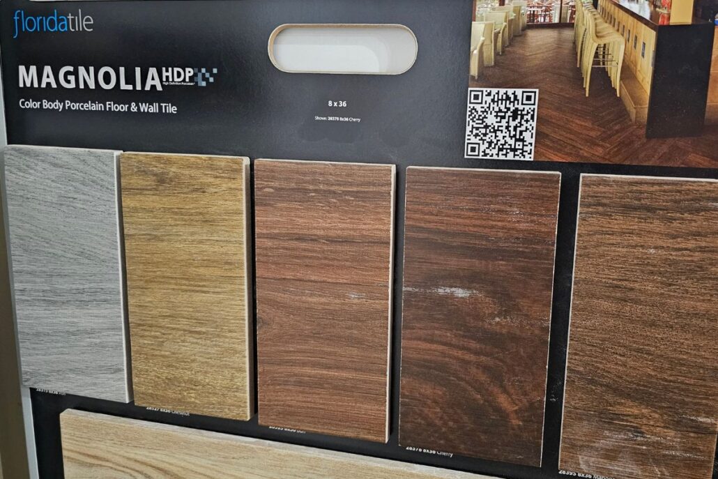 Conestoga Tile – Magnolia Ceramic Tile – Flooring Sample – Carpet Barn An up close photo of Conestoga Tile Magnolia Ceramic Tile Display Flooring Sample