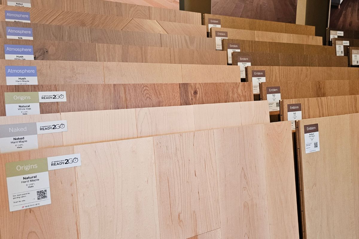 A photo of a Mercier wood flooring display at the Carpet Barn in their New Cumberland, PA showroom